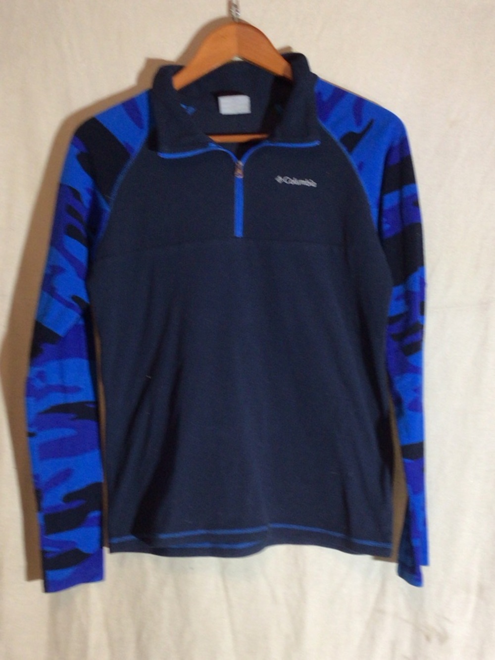 Columbia Navy Pullover with Bright Blue Camo Sleeves